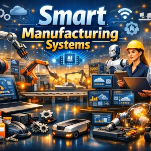 Smart Manufacturing Systems course image with robotic arms, engineers, and factory automation visuals