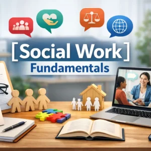Educational banner for Social Work Fundamentals course with social work visuals