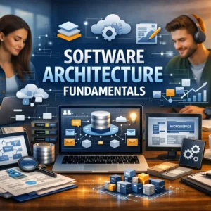 High-quality educational banner for Software Architecture Fundamentals with system design visuals
