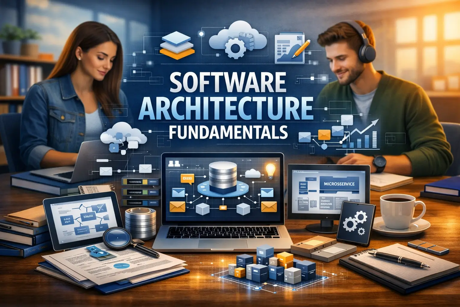 High-quality educational banner for Software Architecture Fundamentals with system design visuals