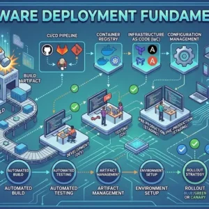 Professional course image for Software Deployment Fundamentals with deployment visuals