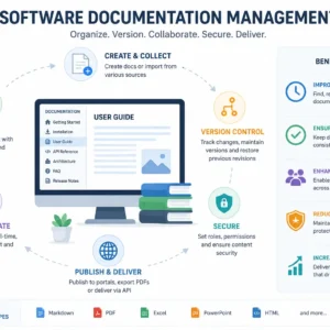 Modern educational banner for Software Documentation Management course with workplace visuals