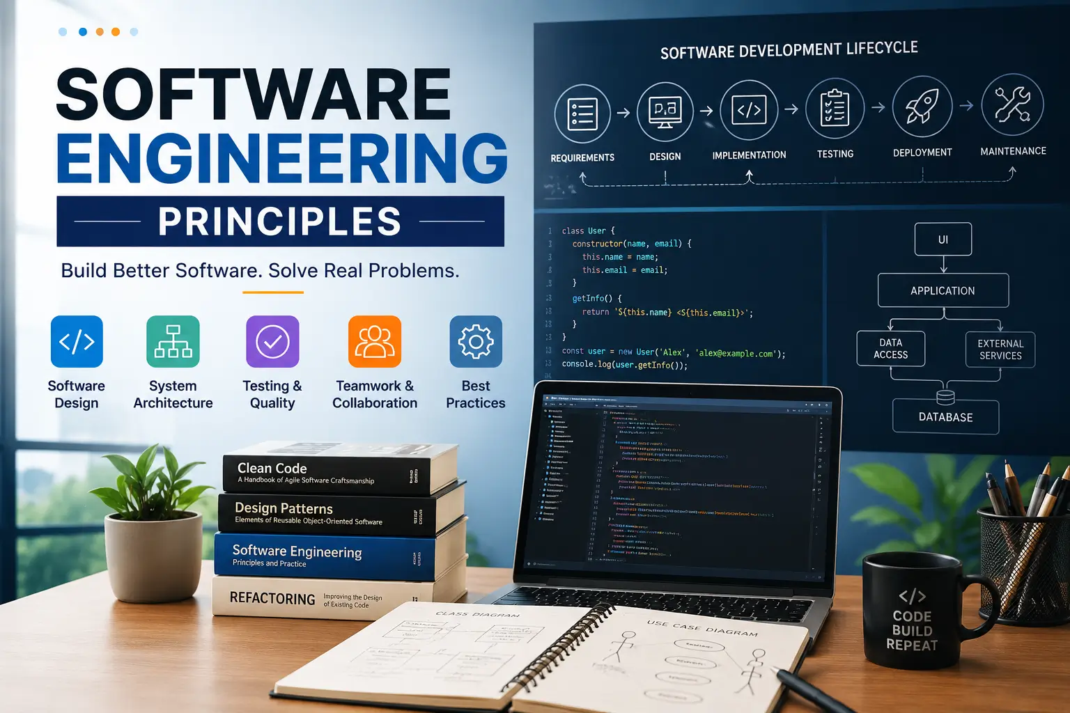 Professional Software Engineering Principles course image with coding and design visuals