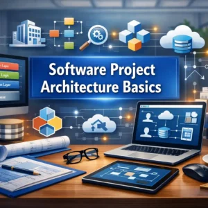Educational banner for Software Project Architecture Basics course showing layered architecture and system design visuals
