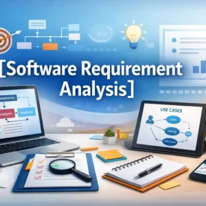 Educational banner for Software Requirement Analysis course with analysis visuals