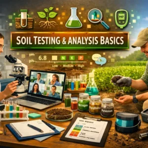High-quality educational banner showing Soil Testing & Analysis Basics course with lab and field testing visuals
