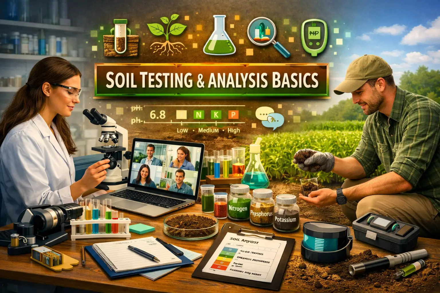 High-quality educational banner showing Soil Testing & Analysis Basics course with lab and field testing visuals