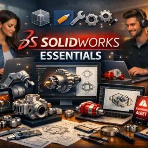High-quality educational banner for SolidWorks Essentials with 3D modeling and mechanical design visuals