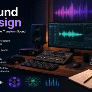 Sound Design course image with synthesizer, waveform, and creative sound tools