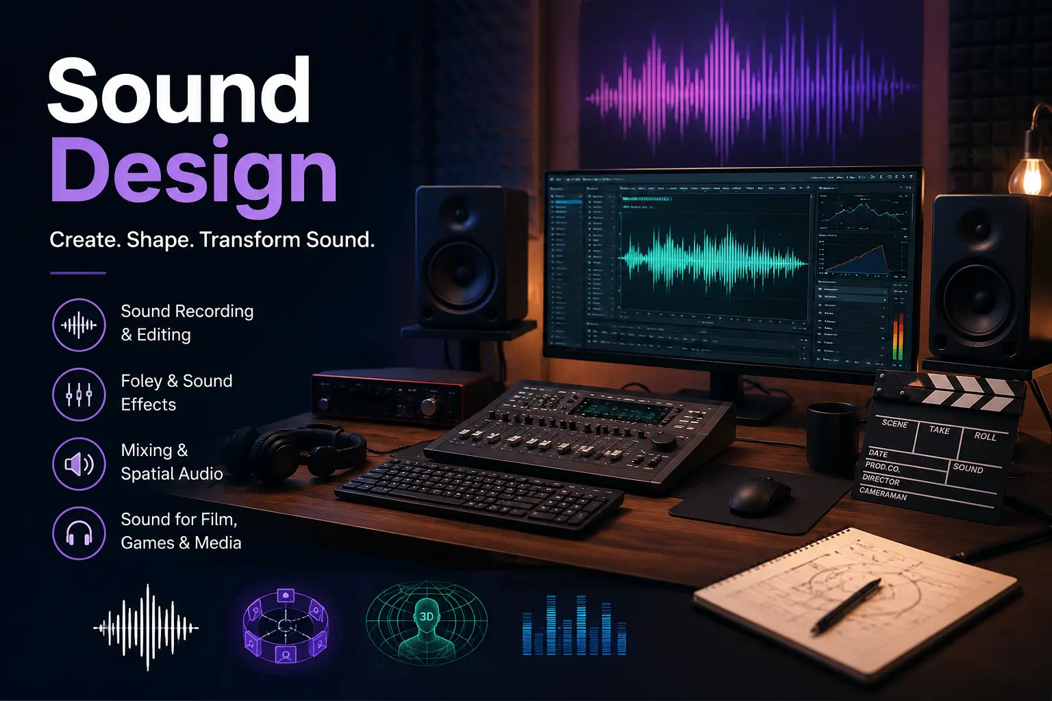 Sound Design course image with synthesizer, waveform, and creative sound tools