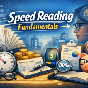 Educational banner for Speed Reading Fundamentals course showing reading tools and speed visuals