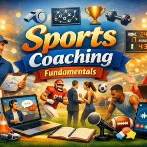 Educational banner for Sports Coaching Fundamentals course with coaches and athletes visuals
