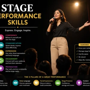 Educational banner for Stage Performance Skills course showing stage presence and performance visuals