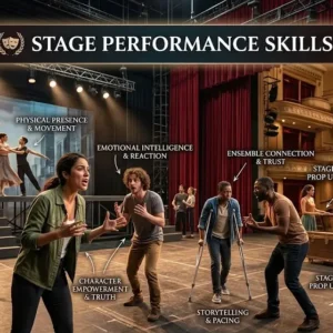 Professional Stage Performance Skills course image with spotlight and performer visuals