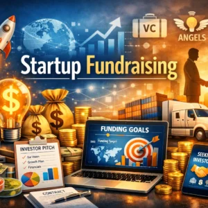 Educational banner for Startup Fundraising course featuring investment and startup visuals