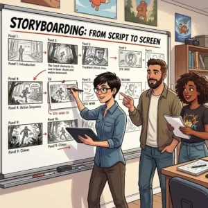 Professional Storyboarding course image with sketches, frames, and film visuals