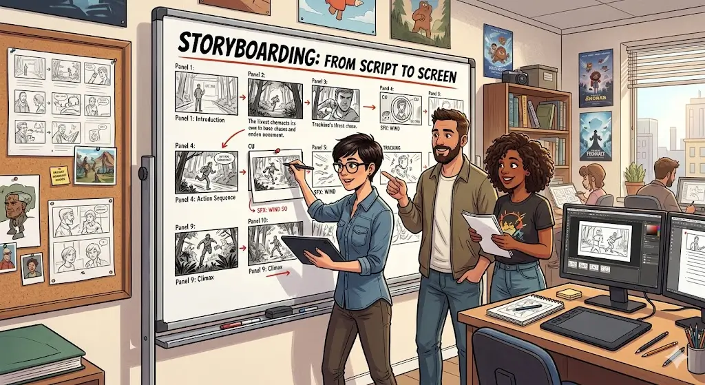 Professional Storyboarding course image with sketches, frames, and film visuals