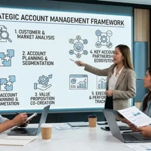 Strategic Account Management course banner showing professionals collaborating on client strategy and relationship growth.