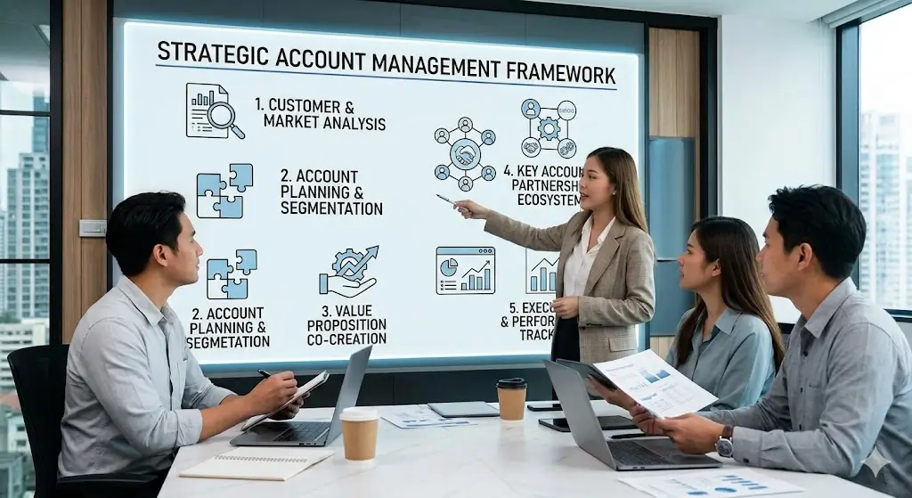 Strategic Account Management course banner showing professionals collaborating on client strategy and relationship growth.