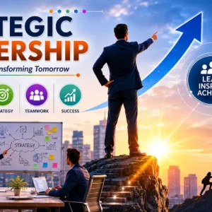 Educational banner showing Strategic Leadership with leadership silhouettes, global strategy, and growth charts