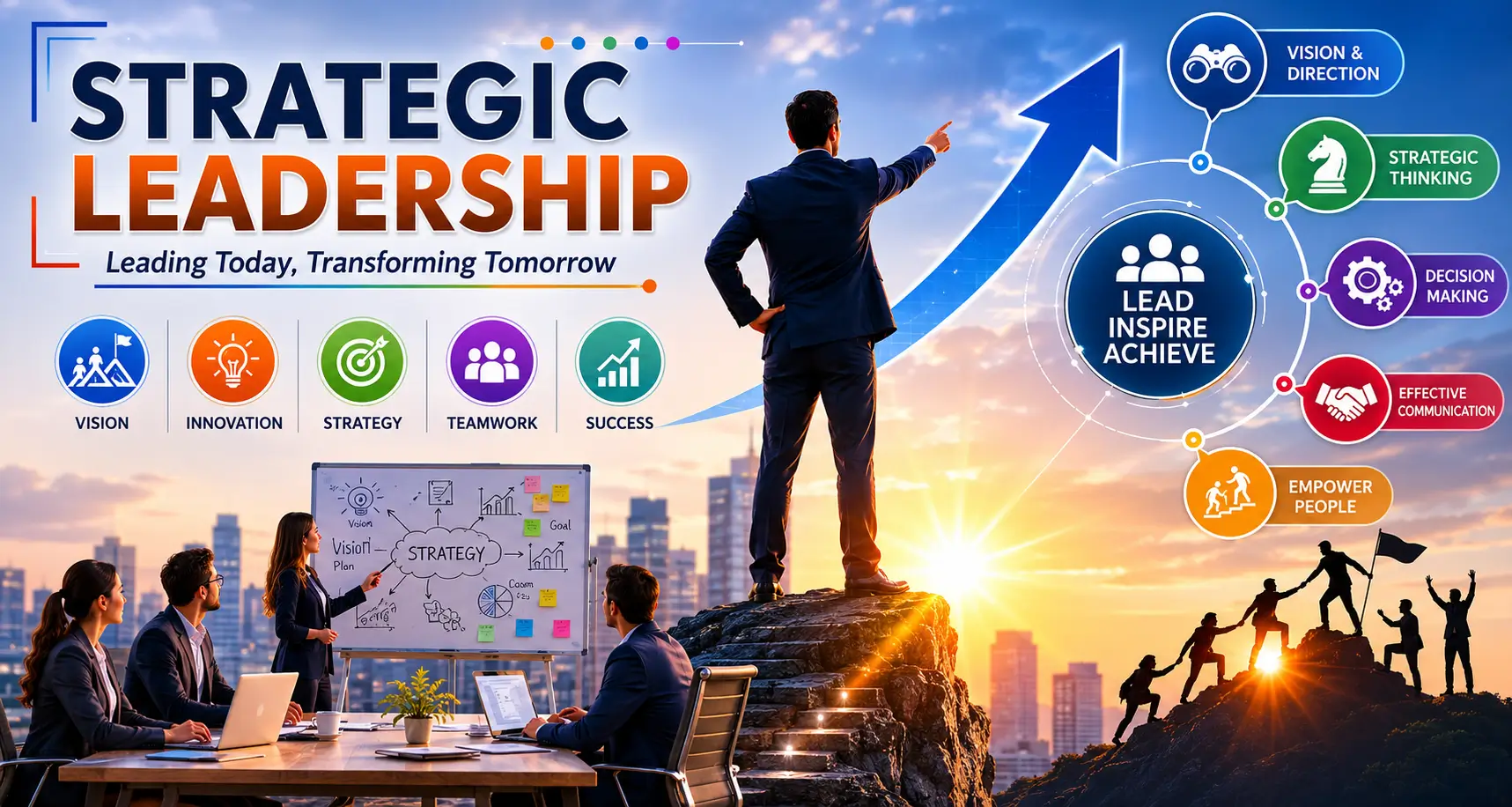 Educational banner showing Strategic Leadership with leadership silhouettes, global strategy, and growth charts