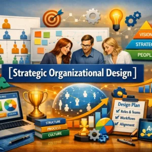 Professional Strategic Organizational Design course image with charts and teamwork visuals