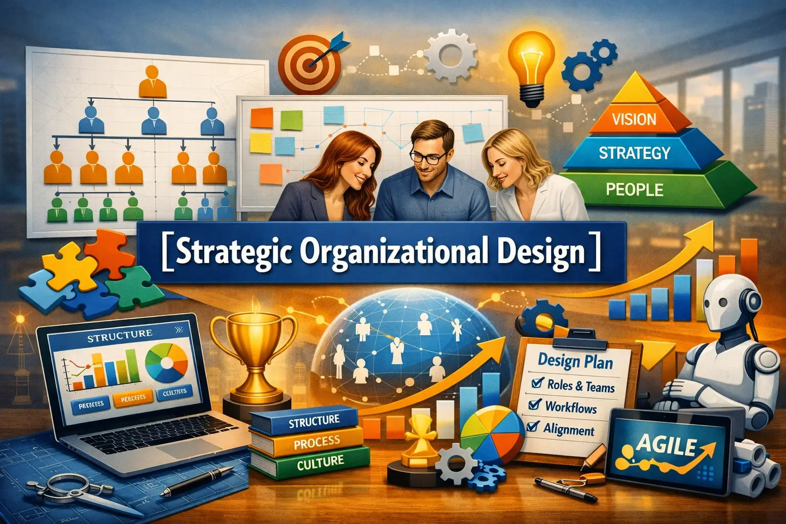 Professional Strategic Organizational Design course image with charts and teamwork visuals