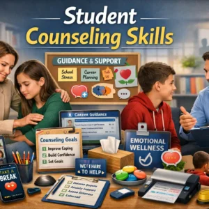 Educational banner showing Student Counseling Skills with counselor guiding students and emotional support visuals