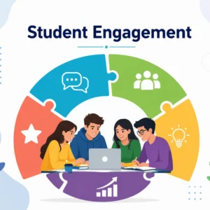 Educational banner showing student engagement design with interactive classrooms, digital tools, and collaborative learning visuals