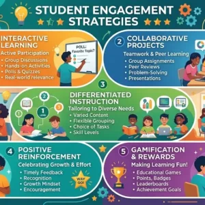 Educational course image for Student Engagement Strategies with classroom interaction and digital learning visuals