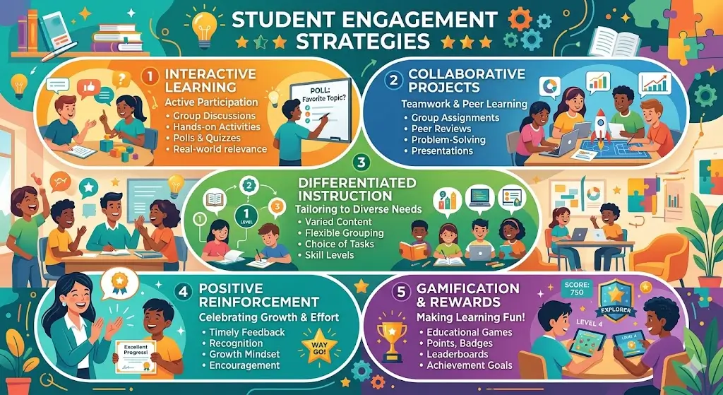 Educational course image for Student Engagement Strategies with classroom interaction and digital learning visuals