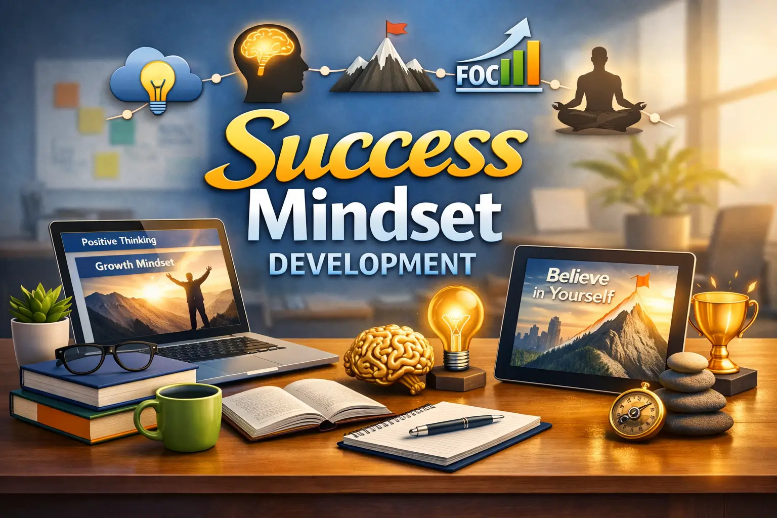 Professional success mindset development course design with motivational visuals
