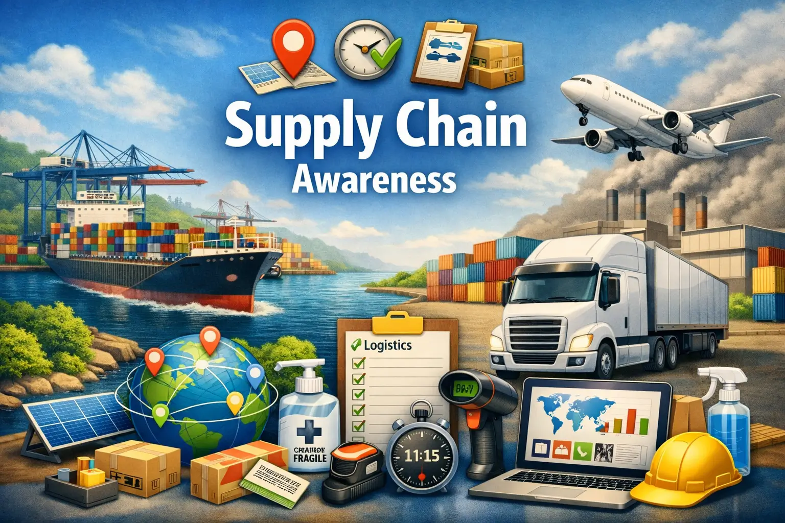 Professional supply chain awareness course design with logistics and global transport visuals