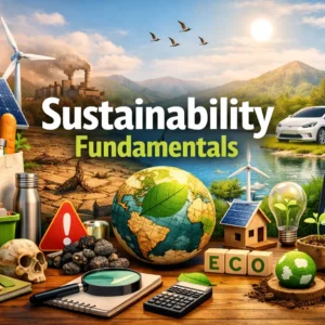 Educational course image for Sustainability Fundamentals with renewable energy and eco-living visuals