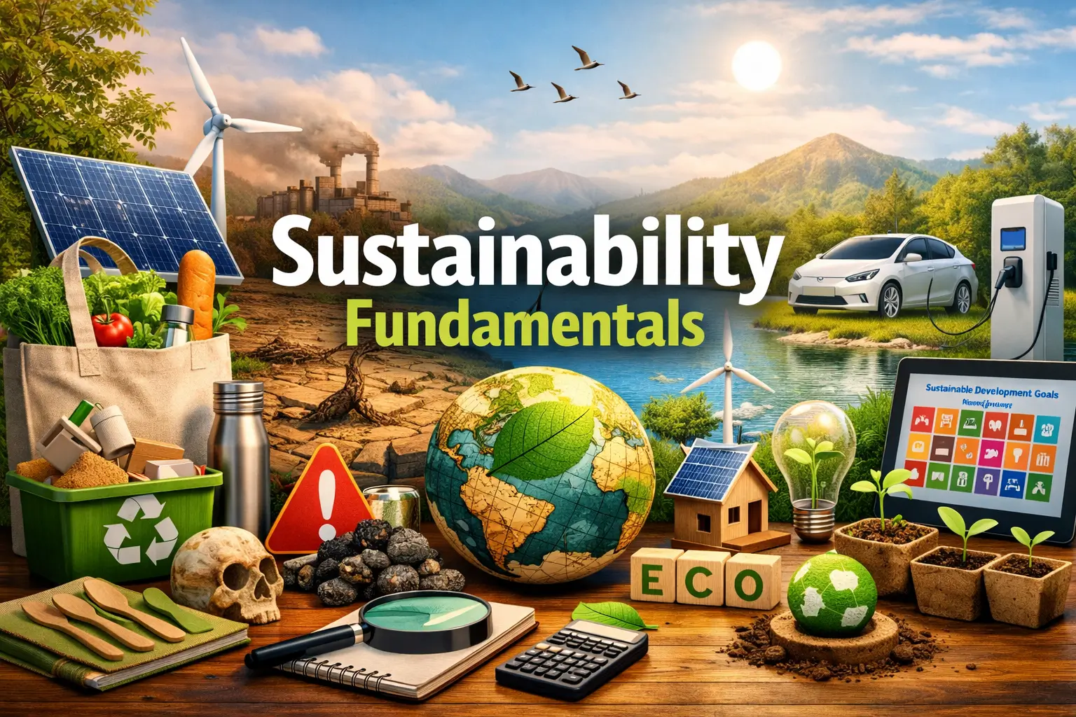 Educational course image for Sustainability Fundamentals with renewable energy and eco-living visuals