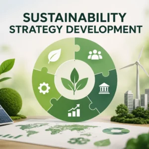 Modern educational banner for Sustainability Strategy Development course with eco-friendly visuals