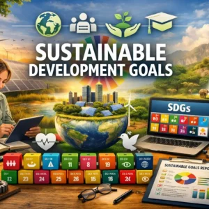 Educational banner for Sustainable Development Goals course with global sustainability visuals