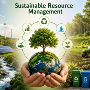 Educational banner for Sustainable Resource Management course with environmental and resource conservation visuals