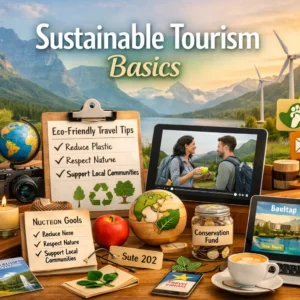 Educational course image for Sustainable Tourism Basics with nature and eco-travel visuals