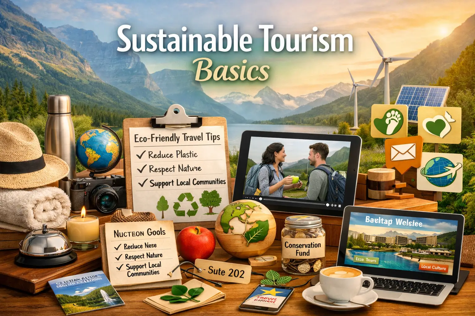 Educational course image for Sustainable Tourism Basics with nature and eco-travel visuals