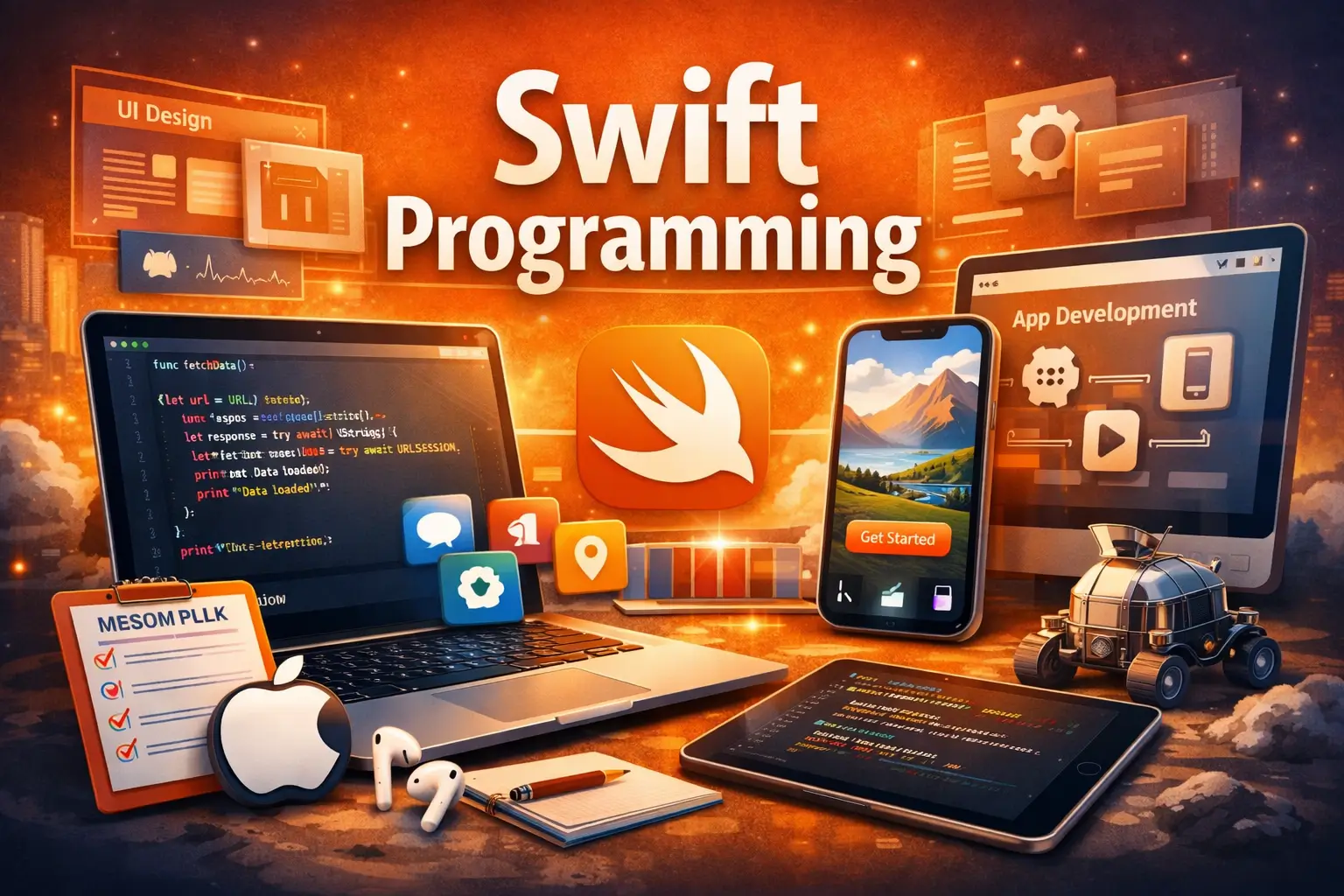 Professional Swift Programming course image with coding and app development visuals