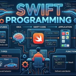 Educational banner for Swift Programming course showing coding and app development visuals
