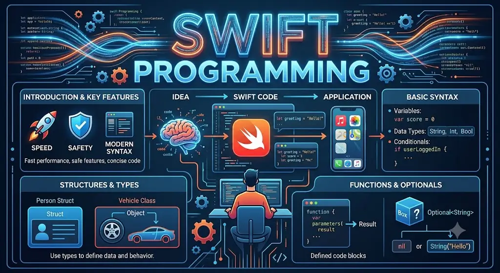 Educational banner for Swift Programming course showing coding and app development visuals