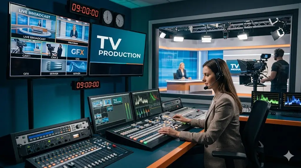 Professional TV Production course image with studio and broadcast visuals