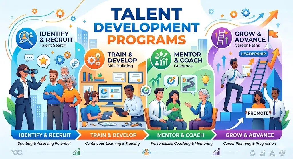 Talent Development Programs course banner showing professionals collaborating on skill-building and career advancement.