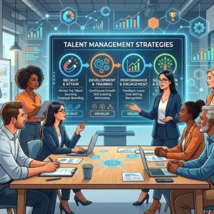 Talent Management Strategies course banner showing professionals collaborating on workforce planning and leadership development.