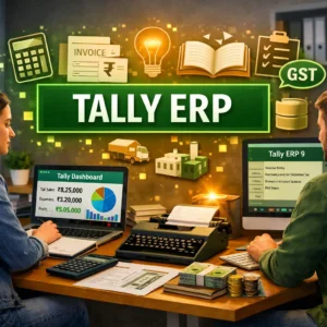 High-quality educational banner showing Tally ERP course with accounting and business management visuals