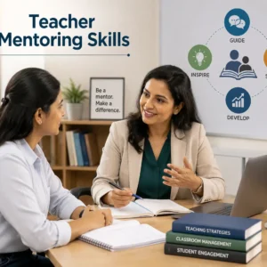 Educational banner showing teacher mentoring skills with senior educators guiding new teachers and classroom visuals
