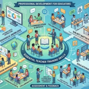 Educational banner showing Teacher Training Skills with teachers guiding students, training workshops, and educational visuals