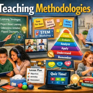 Educational banner showing Teaching Methodologies with teacher using interactive tools and students collaborating